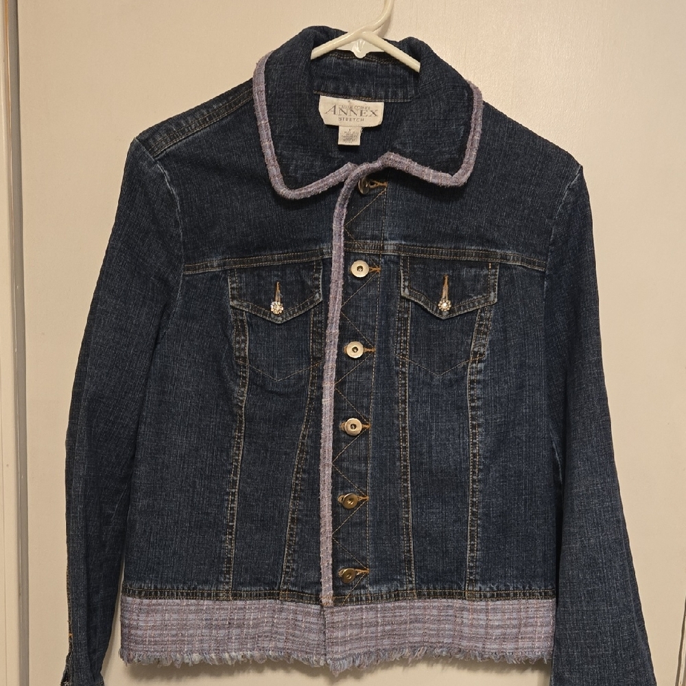 Casual Corner Annex Stretch Denim Jacket with Purple Trim